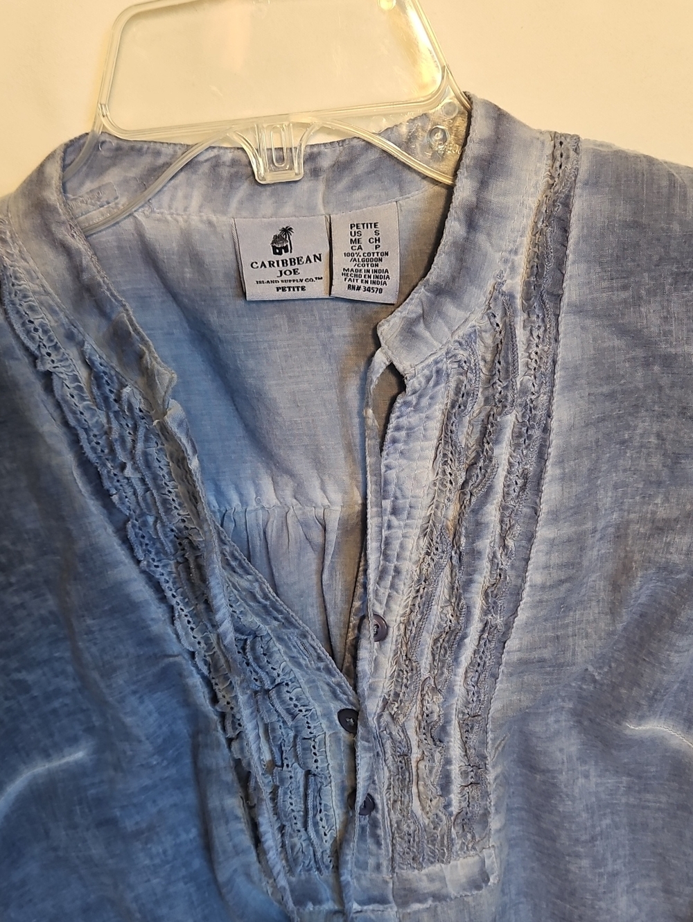 Caribbean Joe Petite Soft Blue Lace-Trim Cotton Blouse